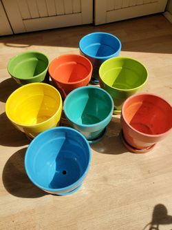 Colorful Flower pots with drainage saucers, terracotta