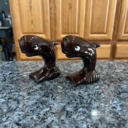 Vintage Anthropomorphic Whale Salt And Pepper Shakers Brown Ceramic.  Preowned On Display 