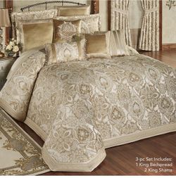 Albany Luxury Bedspread, Champagne and Ivory, King, 3 Pc Set Jacobean Floral Inspired Damask, Medallions and Stripes, Oversized King Bedspread and 2 S
