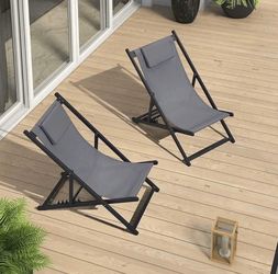 PURPLE LEAF Patio Sling Chairs Set of 2 Outdoor Portable Folding Adjustable Beach Chairs Polyester Fabric Aluminum Frame Reclining Chair with Cushione