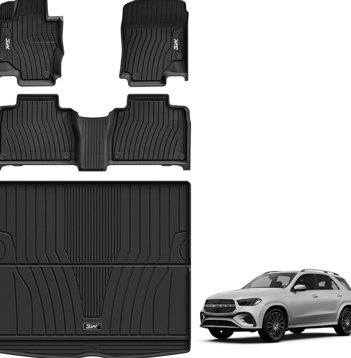 3W Floor Mats & Cargo Liner for Mercedes Benz GLE 2020-2024 2025((Not Fit Coupe), TPE All Weather Custom Fit Floor Liner & Tunk Mats 1st &2nd Rows Car