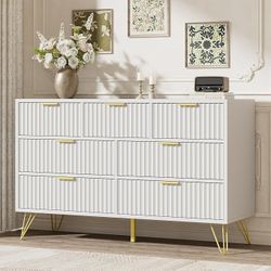 LYNSOM Fluted Dresser for Bedroom, White 7 Drawer Dresser with Gold Handles and Wide Drawers, Wood