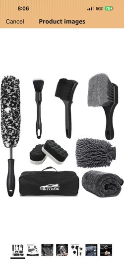 9Pcs Car Wheel & Tire Brush Kit, Wheel Cleaner Brush, Soft-bristled Rim Brush, Car Drying Towel (36"x 24"), Tire Shine Applicator Pad, Car Wash Mitt, 