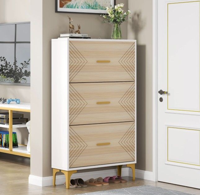 F1710 new assembled Slim Shoe Cabinet, Hidden Shoe Rack Organizer with 3 Flip Drawers