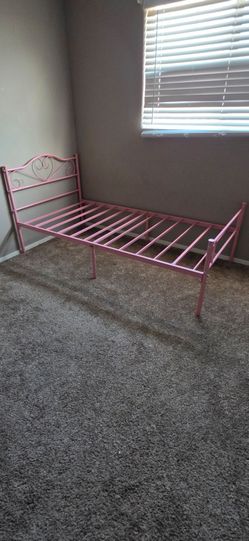 Pink and white Metal Twin Bed Frame with Heart Headboard