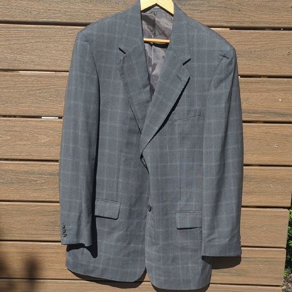Loro Piana Italy Harry Rosen Gray Wool Sport Coat with Windowpane Fabric 44R