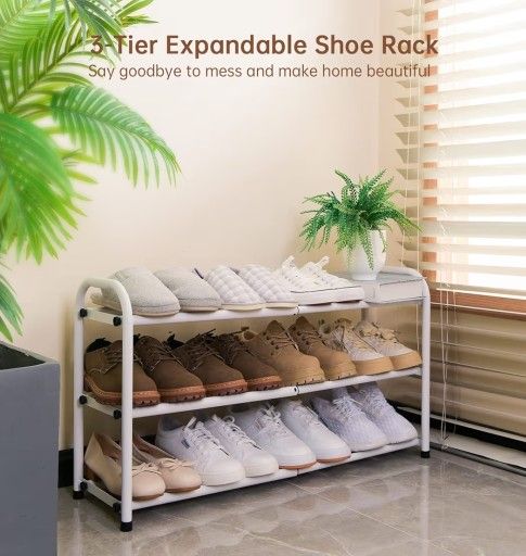 Gonfoam 3-Tier Expandable Shoe Rack,Adjustable Shoe Shelf Storage Organizer Heavy Duty Metal Free Standing Shoe Rack for Entryway Closet Doorway (Whit