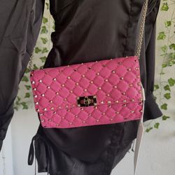 Valentino Fuchsia Quilted Studded Crossbody Bag