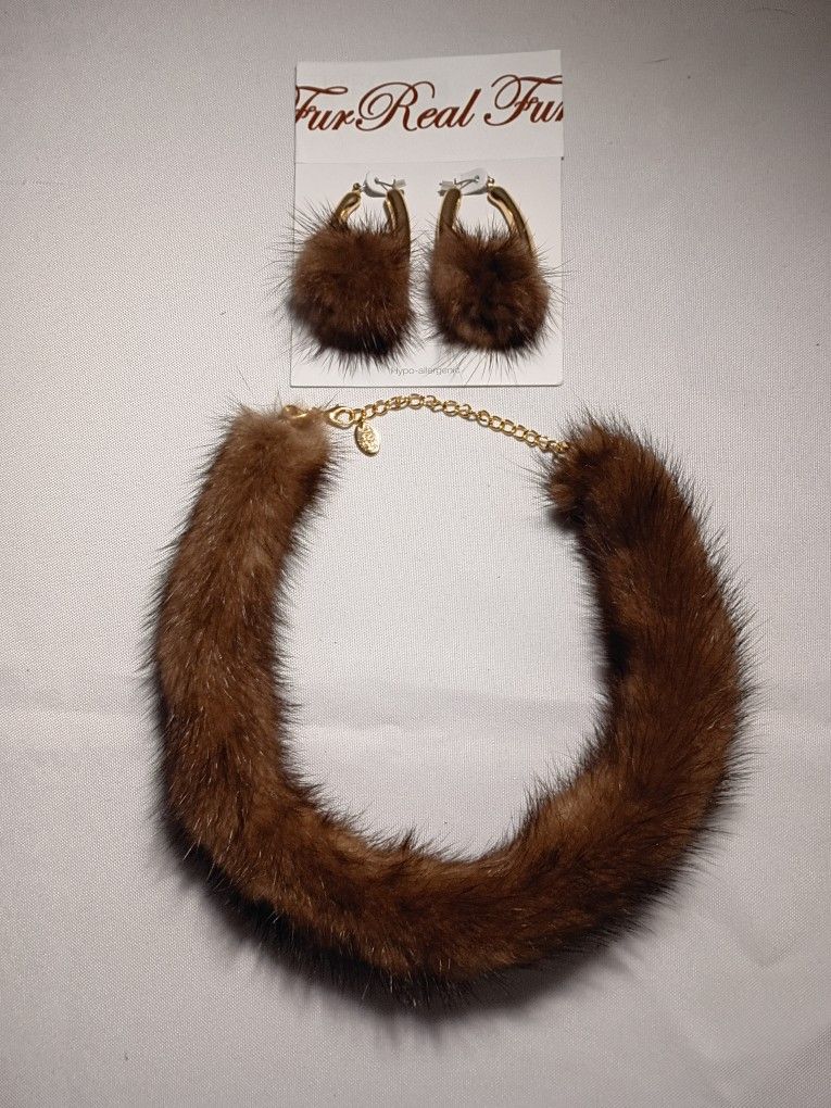 Real Mink Fur Necklace and Earring Set