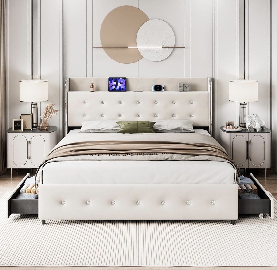 IDEALHOUSE Full Size Bed Frame with Storage Headboard, Velvet Upholstered Platform Bed Frame with 4 Storage Drawers, Built in Charging Station, Wooden