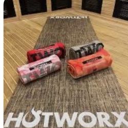 HOT WORKS YOGA MAT, HOT WORKS TOWEL COLOR RED WITH YOGA MAT AND STRAP & Gym Bag BUNDLE LIKE NEW