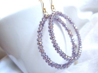 14k Crystal Oval Purple Hoop Earrings -Handmade