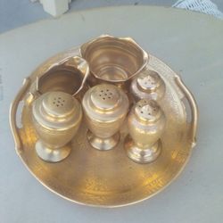 Gold Tray WHEELING Creamer And Sugar Salt And Pepper 7 Pieces Glassware Vintage Antique 