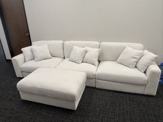 White Large Comfy Sectional Sofa Three-seater With One Ottoman