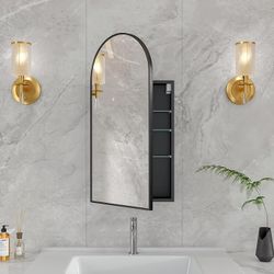 16 x 32 Black Bathroom Medicine Cabinet with Mirror,Arched Medicine Cabinet with Mirror,Assembly Required,Bathroom Mirror with Storage,Wall Mounted Me