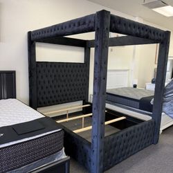 Queen Canopy Bed Frame Black Tufted 