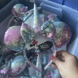 Disney Minnie Mouse Ears w/Bow & Unicorn Horn Headband Pastel Rainbow Brand New! 