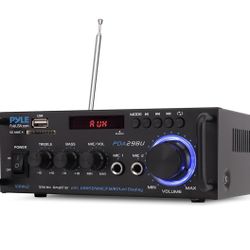 Bluetooth Compact Power Amplifier - Wireless 2 Channel Audio Receiver with Dual Karaoke Mic Input - RCA - USB-A + SD Card MP3 Player - FM Radio - AUX 