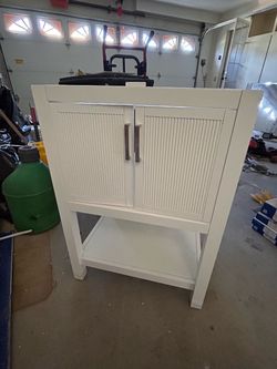 24" Bathroom Vanity with Sink, Solid Wooden Frame Freestanding Vanity with Ceramic Porcelain Basin, 2-Door Storage Cabinet & Open Shelf
