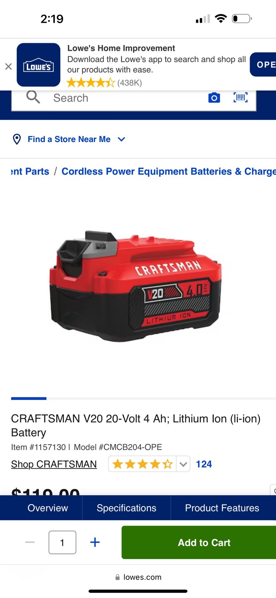 New Craftsman Battery 20 V 4.0