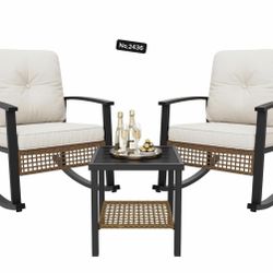 3-Piece Outdoor Rocking Bistro Set, Patio Furniture Set with Coffee Table and Thick Cushions, Wicker Rocking Chairs Set of 2 for Garden, Balcony, 