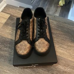 COACH Men’s High Line Signature Canvas Sneakers (Dark Brown & Black) 