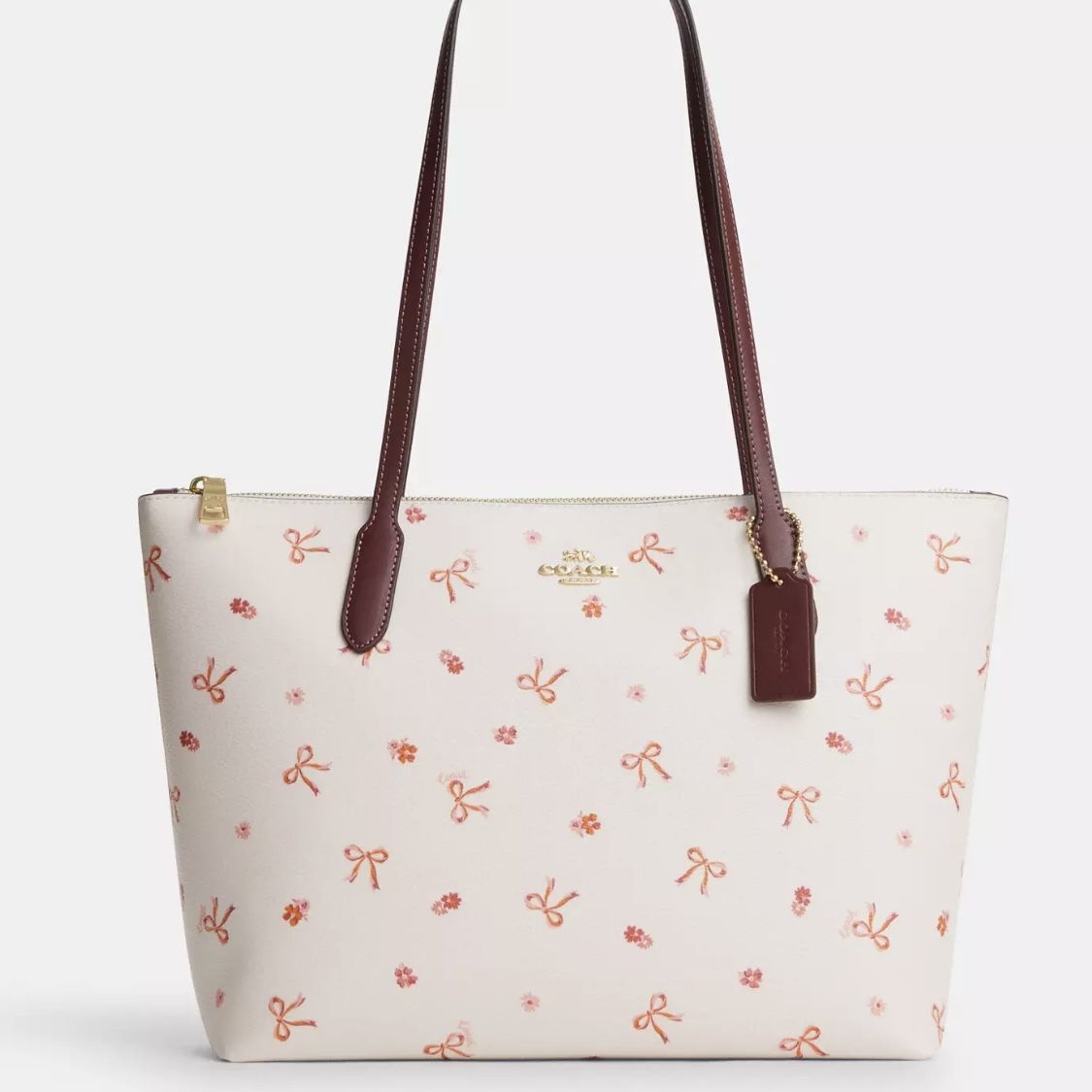 【美品】COACH ジップ トップ トート・ボウ リボン プリント CN627 NWT Coach Zip Top Tote With Bow Print CN627 Chalk/ Wine Multi for