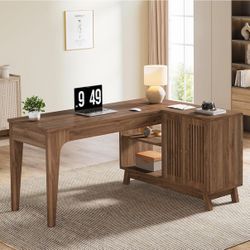 57-Inch L-Shaped Desk, Office Computer Desk with Storage, Wooden Corner Workstation, Study Writing Table for Home Office (Walnut)