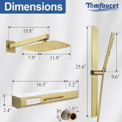 Brushed Gold 12" Rainfall Shower System with Handheld & Body Jets, Wall-Mounted Rain Shower Kit
