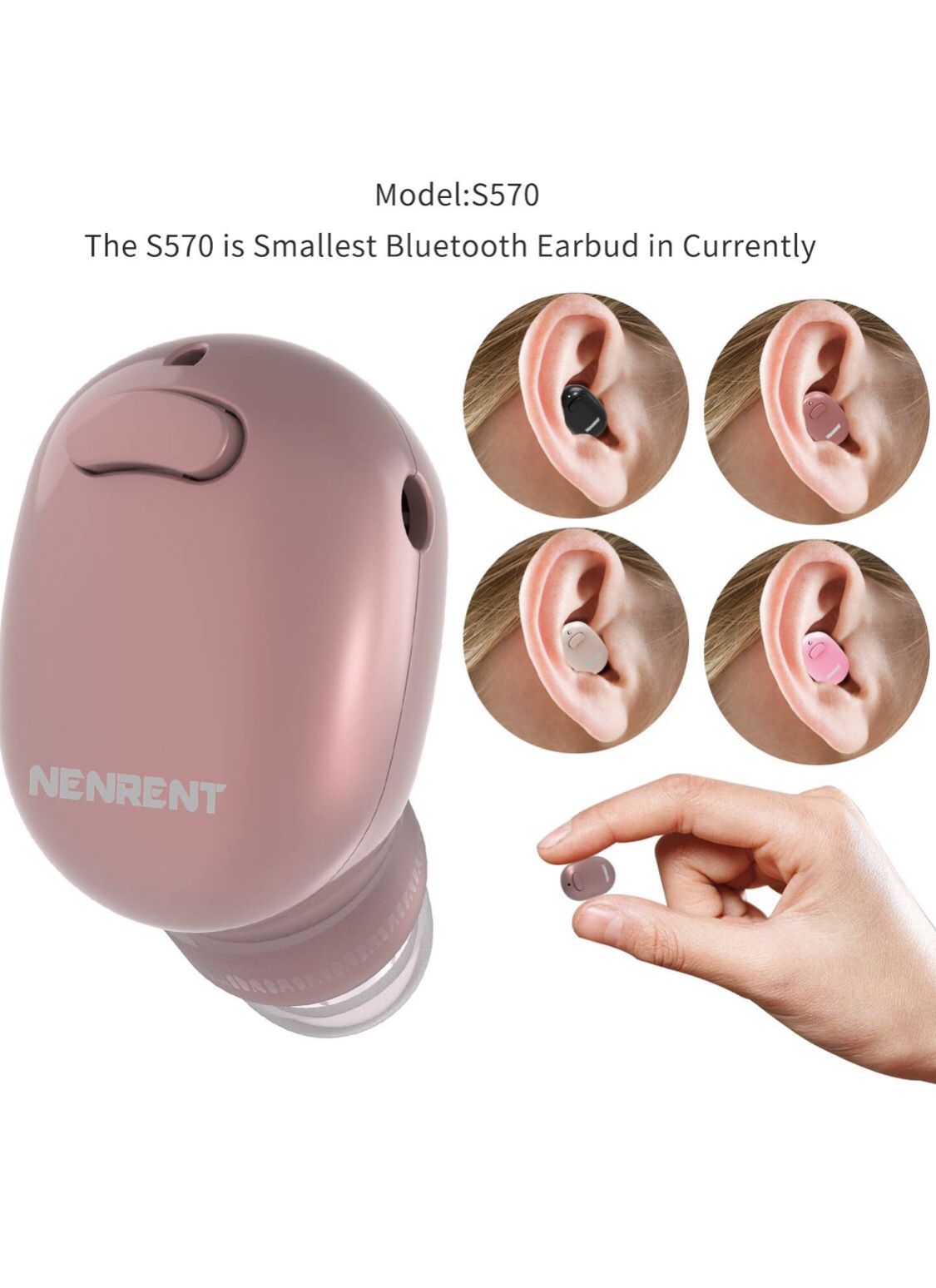 NENRENT S570 Bluetooth Earbuds,Smallest Mini V4.1 Wireless Bluetooth Earpiece Headset Headphone Earphone with Mic Hands-Free Calls for iPhone iPad Sa