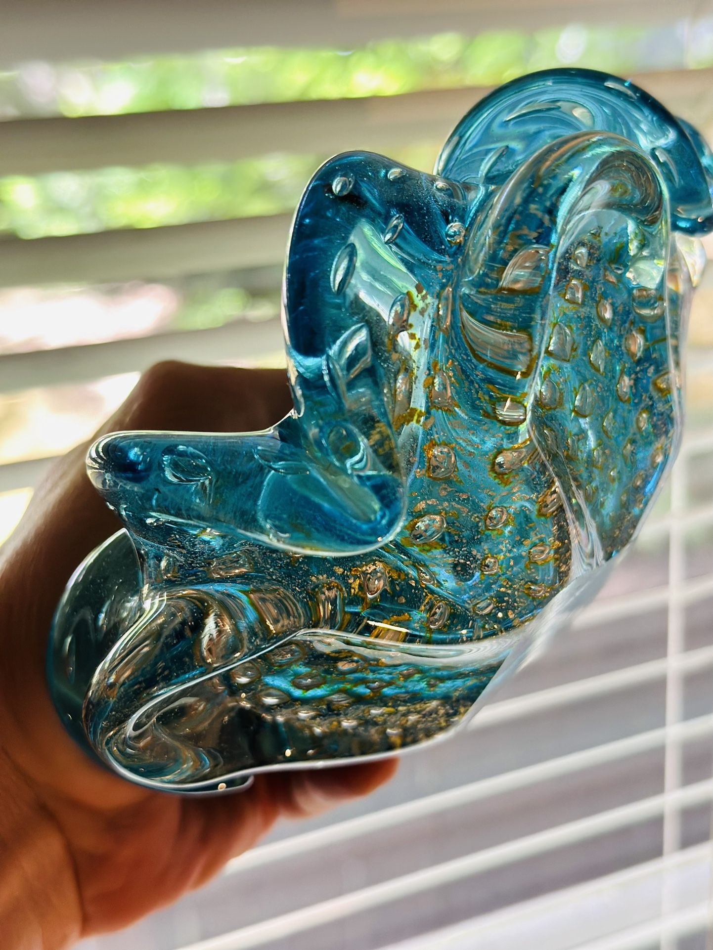 Vintage Murano Art Glass Ashtray Candy Dish - Gold Flecks - Turquoise Aqua Blue