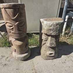 2 amazing vintage antique cement tiki statues