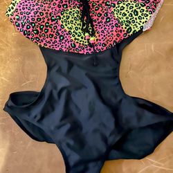 Open back one piece rainbow and black cheetah print swimsuit size large