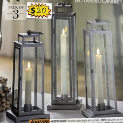 Evergreen Tower Lanterns LED Tapered Candle Pack of 3 Gray Finish