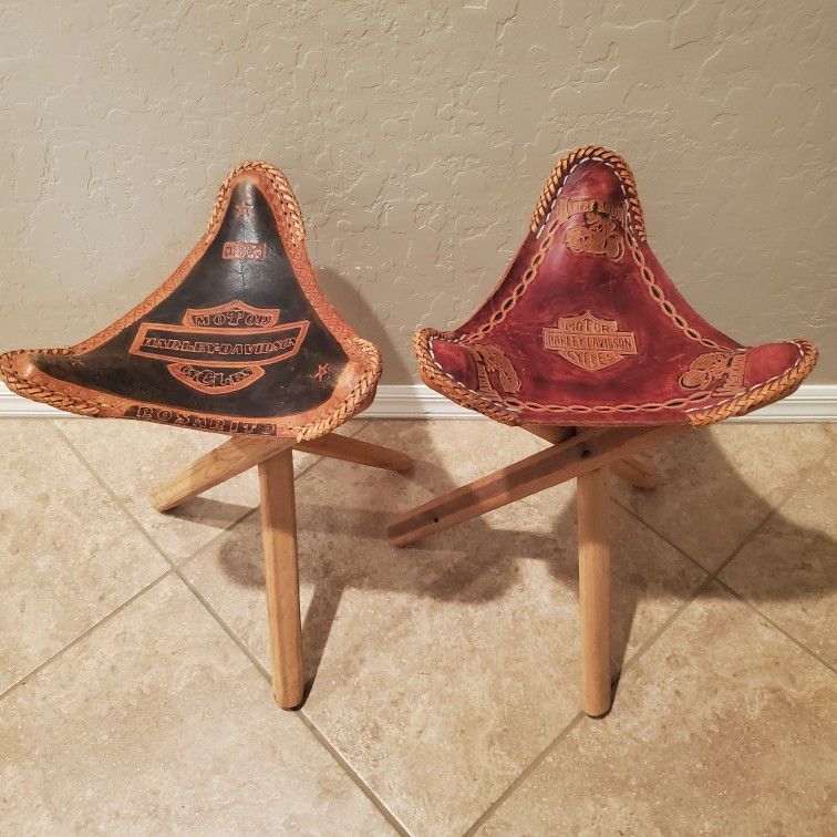 Leather Pair Harley Davidson 3 Leg Tripod Folding Saddle Stool Seat Mexico