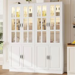 Set of 2 Kitchen Pantry Storage Cabinet with LED Lights, 78.7" Tall with Glass Doors & Drawers, Freestanding Utility Cabinet, White