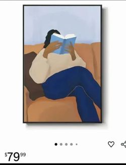 NEW-Framed Black Woman Reading Wall Art for Living Room, Modern Funny Blue Book Brown Canvas Picture Artwork, Portrait Painting Prints for Dining Room