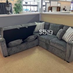 Dark Grey Sectional Sofa With Pull-out Bed & Storage Brand New