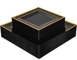 BROLIFON 80-Piece Black and Gold Square Plastic Plates