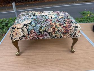 Vintage Crawford tapestry floral footstool brass Cabriolet legs small