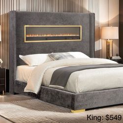 King Bed Frame With Fireplace Display
