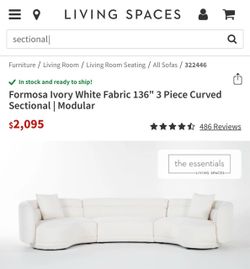 Living Spaces Formosa Ivory White Fabric 136" 3 Piece Curved Sectional Sofa
