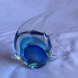 VTG Art Glass Angel Fish Hand Blown Murano Style Figurine Aquar BLUE WHITE (C2)