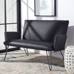 Safavieh Johannes Mid-Century Leather Settee – 2-Seater Loveseat, Black