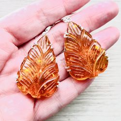 Carved Amber Silver Leaf 2.2” Earrings-AE20507