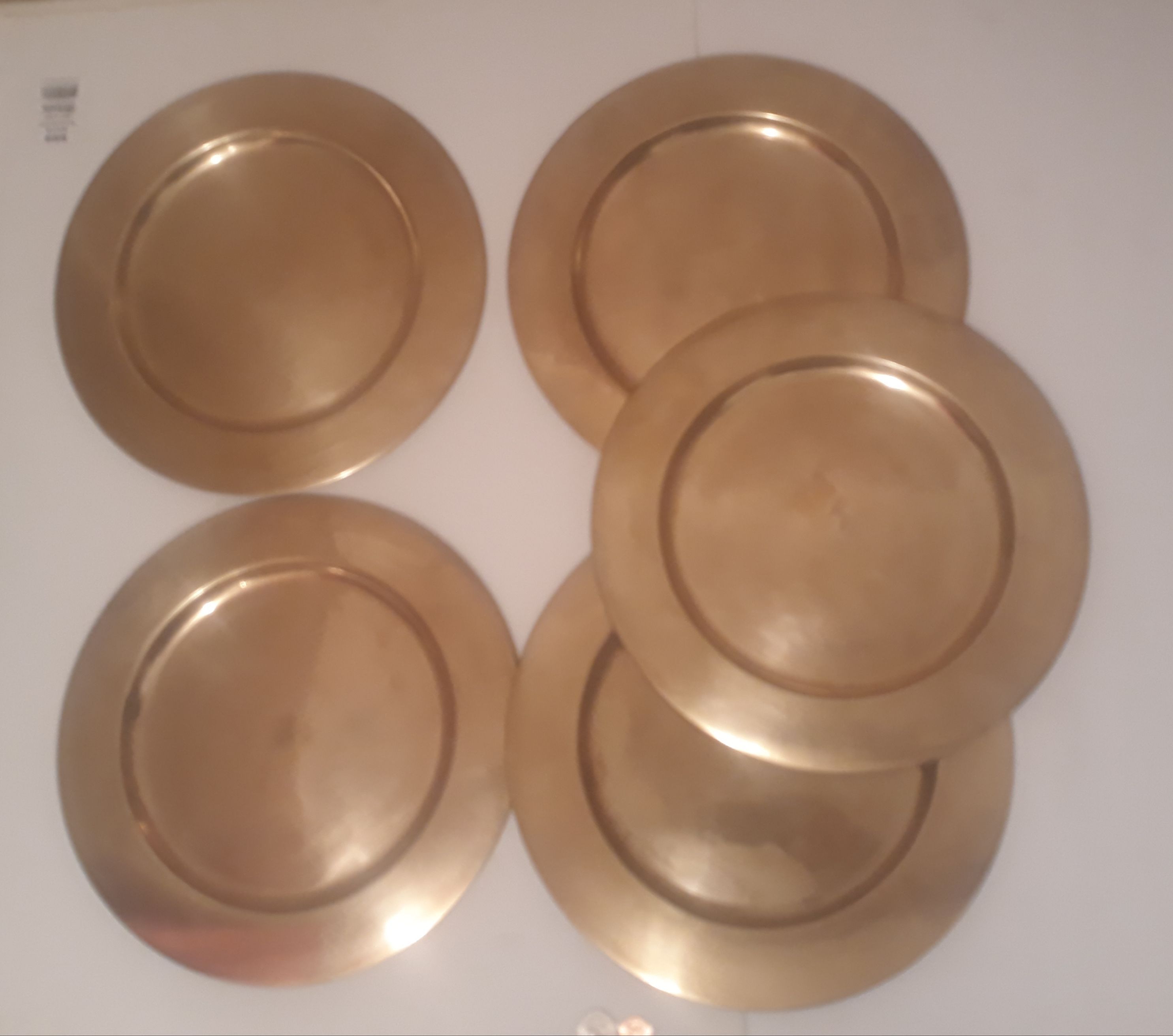 5 Vintage Metal Brass Plates, Trays, Platters, Heavy Duty Quality, 12" Wide, Each One Weighs Over 1 Pound Each, Kitchen Decor, Shelf Display