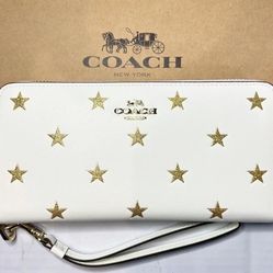 NEW Coach Chalk/Gold Star Print Leather Zip Around Continental Wallet 