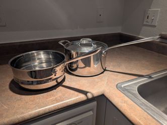 All-Clad, Stainless Steel, 3 Quart saucepan and double broiler insert.