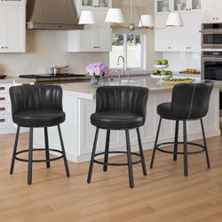 Set of 3 Swivel Leather Bar Stools, 26" Counter Height Barstools, Upholstered Bar Chairs, Black