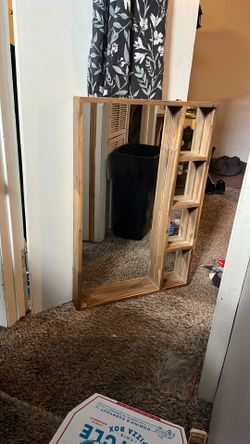 Natural Wood Framed Shelf Mirror